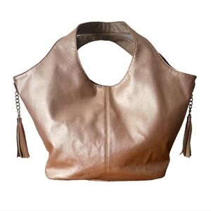 New York & Company Rose Gold Tasseled Large Hobo Tote Bag